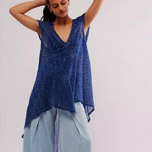 Free People Leila Tunic Fp One V Neck Printed Hi-Low Sheer Top NWD S